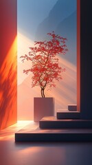 A red-leafed tree, placed on a square pedestal against a background of soft light and hazy mountain shadows