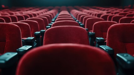 Obraz premium Empty Red Velvet Theater Seats in a Dark Cinema