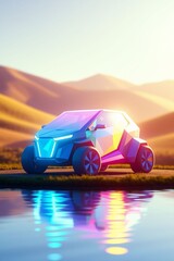 Futuristic colorful car by the water
