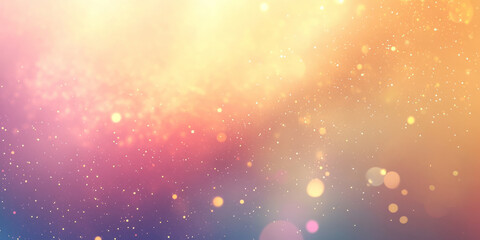 A radiant, colorful abstract background with floating, glowing dust particles. The softly illuminated specks in warm gold, rich sapphire, and pastel peach create a celestial, dreamlike, and visually