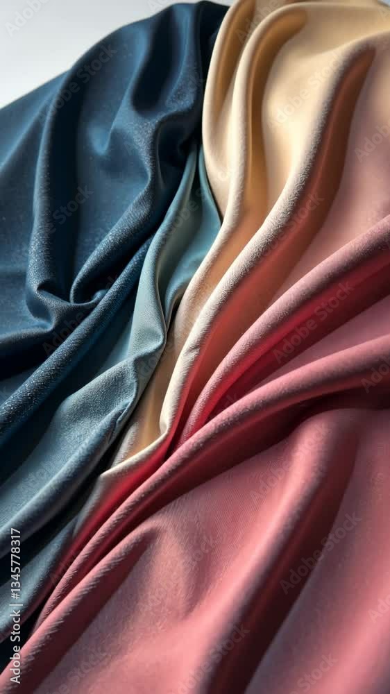 Poster The image displays three different colored fabrics, each with a unique hue. The blue fabric is positioned on the left side of the image, while the pink fabric is situated in the middle