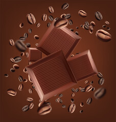 coffee Melted dark chocolate or chocolate syrup splash with coffee mix chocolate pieces isolated. Tasty chocolate bars and liquid swirl splash design advertising element