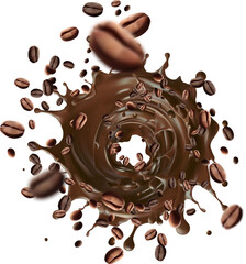 Roasted coffee beans air rotating with milk splash on white background