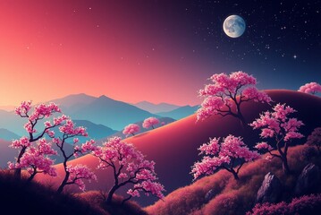 Flowering landscape at dusk with mountains and a full moon