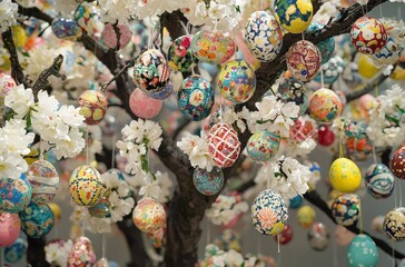 Colorful Easter Eggs Hang on a Blossom Tree, Creating a Vibrant Display for Spring Celebrations and Festivals in a Warm Atmosphere of Joy and Tradition