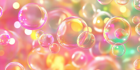 A luminous, colorful abstract background inspired by floating soap bubbles. The iridescent reflections of bright pink, emerald green, and golden yellow shift and shimmer, forming a mesmerizing and