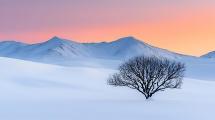 Snow Covered Mountain Landscape With Silhouette Tree During Sunset Showing Calm Peaceful Atmosphere
