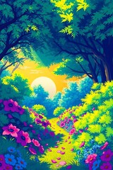 Vibrant pathway through lush flowers and greenery at sunrise