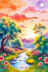 Serene landscape with river and vibrant flowers