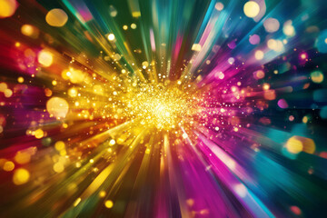 Fototapeta premium A radiant, colorful abstract background with fragmented prism reflections. The scattered, refracted light in shimmering gold, vibrant magenta, and bright cyan creates a futuristic, multi-dimensional,