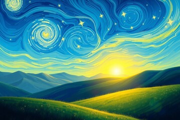 Starry night sky over rolling hills during sunrise