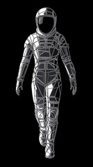 An astronaut, dressed in a white spacesuit with a gold rim on his helmet, stands in front of a black background. Very modern and high-tech