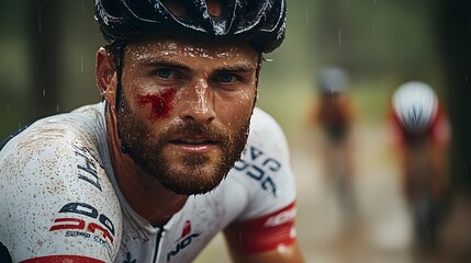 A close-up view of a cyclist with a facial wound