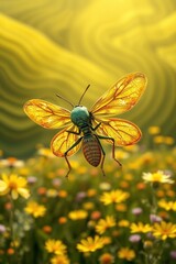 Golden Insect Over Flower Field