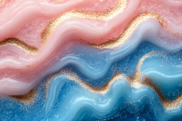 Fototapeta premium Glossy Marble Texture with Iridescent Holographic Swirls in Emerald, Peach, and Sapphire, Creating a Dynamic, Polished, and Glowing Effect