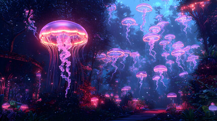 Fototapeta premium Glowing Jellyfish In Pixelated Forest At Night
