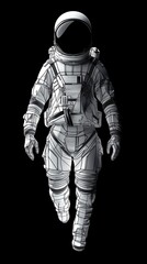 An astronaut, dressed in a white spacesuit with a gold rim on his helmet, stands in front of a black background. Very modern and high-tech
