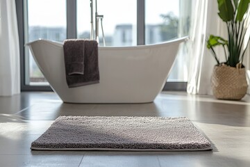 Fototapeta premium modern bathroom with a large cozy bathmat infront of a bathtub