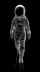 The outline of a white line of an astronaut with a solid black background, the astronaut is walking forward. The details of the helmet and space suit are outlined by simple lines, which are very strik