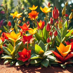 Colorful blooming flowers in vibrant shades of red yellow and orange set against lush green leaves create a stunning floral display
