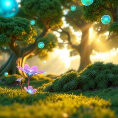 Mystical Forest with Colorful Flowers