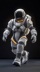 An astronaut, dressed in a white spacesuit with a gold visor on his helmet, is running forward