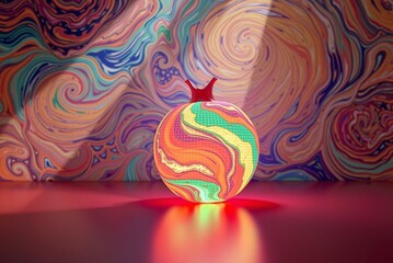 Colorful illuminated pomegranate decor with vibrant abstract background