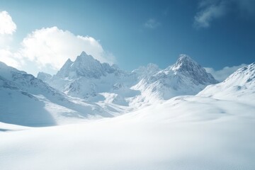 Majestic mountain range blanketed in pristine snow under a clear blue sky at midday