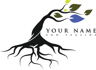 green spring tree with female face and roots on white background, vector, Abstract Human tree logo. Unique Tree Vector illustration with circle and abstract woman shape.	