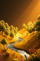 Colorful landscape with a flowing river and stylized trees in a serene yellow environment