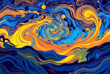 Vibrant swirling cosmic energy in hues of orange blue and yellow conveys a sense of motion and flow