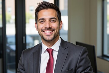 Young Hispanic Male Professional Smiling in Business Attire Inside Modern Office Environment