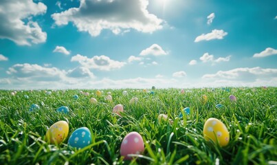 Fototapeta premium Colorful Easter Eggs Hidden in Lush Green Grass Under Bright Sunny Sky with Fluffy Clouds and Warm Natural Light