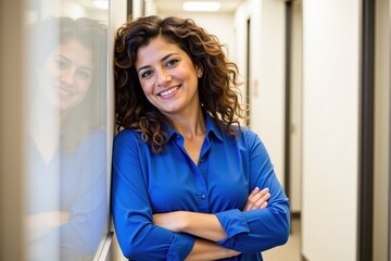 Confident Hispanic Woman with Curly Hair in Blue Shirt Standing in Modern Office Corridor, Smiling at Camera