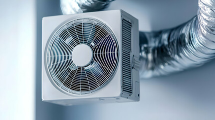 White Air Conditioning Unit Mounted on Ceiling Near Metallic Ductwork Demonstrating Ventilation System for Climate Control