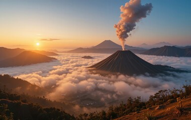 Bromo Volcano Sunrise Over Sea of Clouds Majestic Indonesian Landscape
