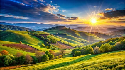 Fototapeta premium Vibrant Colorful Landscape, Rolling Hills, Sunny Day, Scenic Vista, Nature Photography