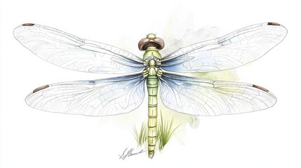 A beautiful hand painted dragonfly with a serene and airy watercolor aesthetic