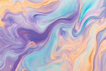A surreal, colorful abstract background featuring liquid marbling effects. The swirling, flowing patterns in pastel lilac, glowing turquoise, and warm honey gold create a fluid, dreamlike, and