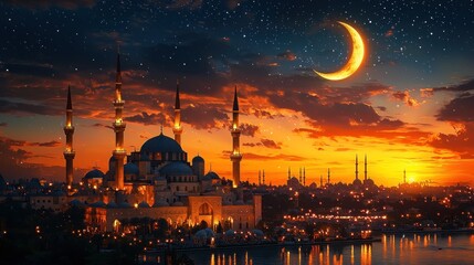 Obraz premium Sunset Mosque Silhouette, Crescent Moon, Night Sky, Cityscape