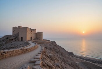 The Dhayah Fort in Ras Al Khaimah at sunset with a golden sky and palm trees in the foreground