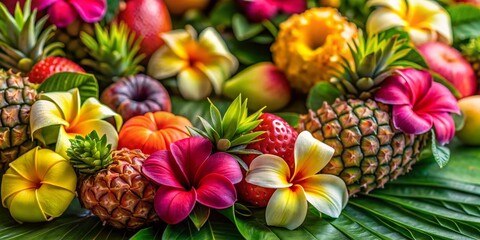 Fototapeta premium Vibrant Hawaiian Lei with Tropical Fruits & Flowers, Stock Photo