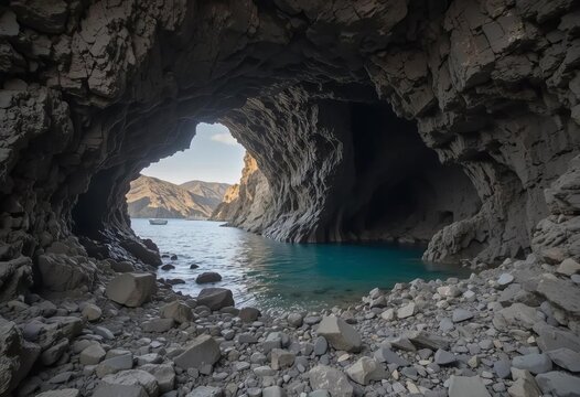 A stunning view of the open cave of Sykia on the island of Milos, with crystal clear blue water and rocky cliffs surrounding it