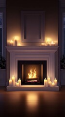 Cozy fireplace with candles, flames, and wood burning at home for warmth