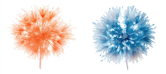 Two vibrant, fluffy flower-like decorations in orange and blue, isolated on white background.