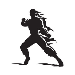 Silhouette of a karate man attacking with fire. Vector illustration