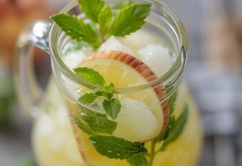 A close-up of a glass of mojito with lime and mint on a black stone surface with smoke in the background