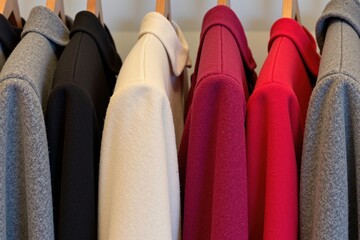 Fototapeta premium A Curated Display of Stylish Women's Coats in Various Colors Arranged Neatly on Hangers in a Modern Boutique Setting