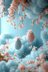Pastel easter eggs hanging amid cherry blossoms and cloud-like fluff