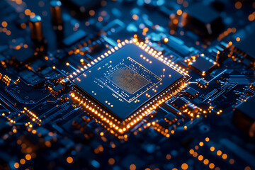 Cpu processing data on motherboard with glowing circuits